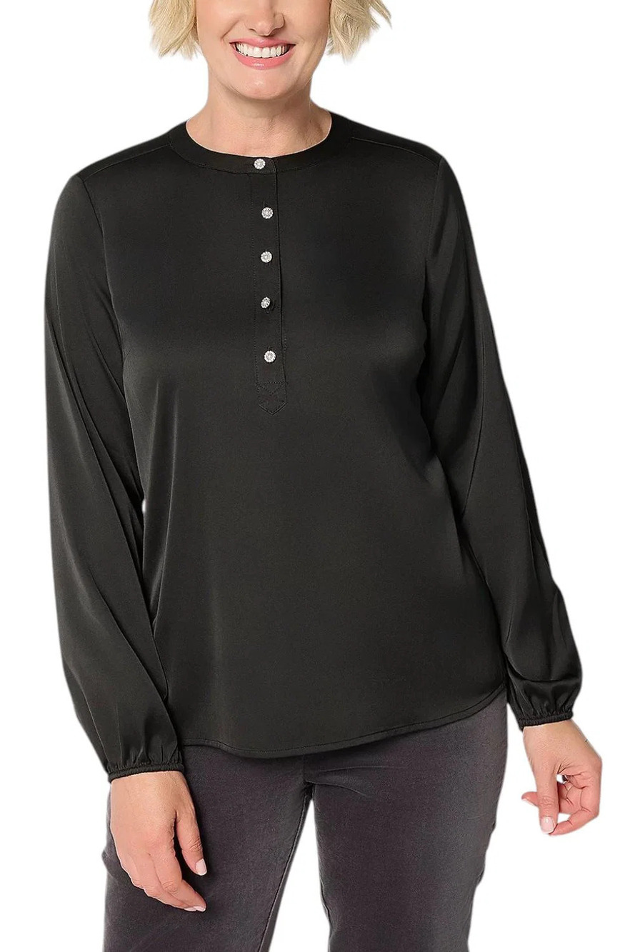 Denim & Co. Women's Satin Long Sleeve Popover Blouse Black - Plus